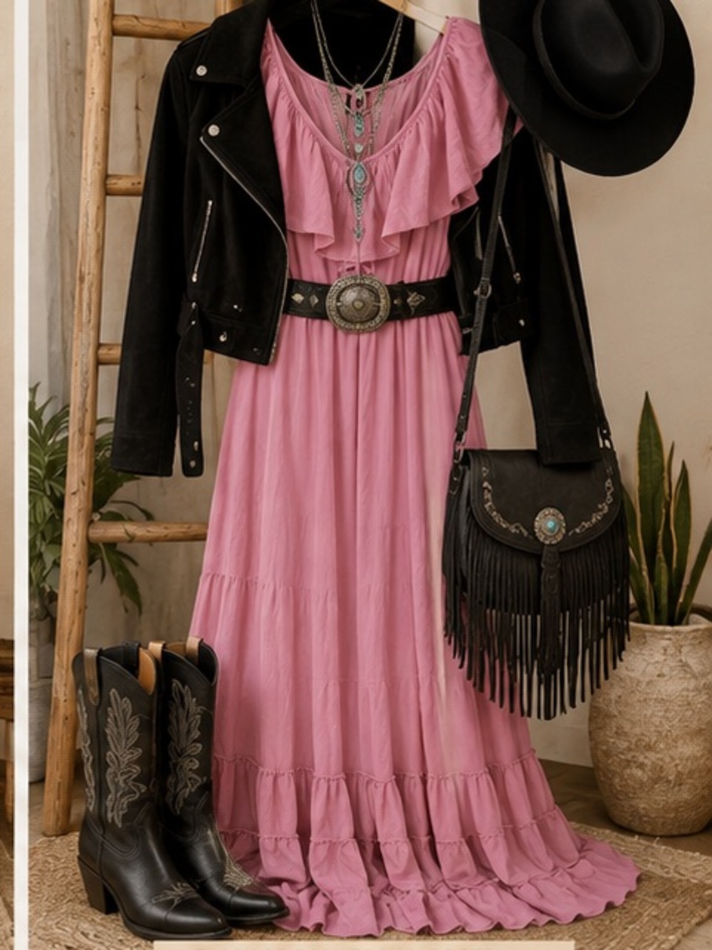 NWOT YFB Boho Ruffle Maxi Dress in Dusty Rose